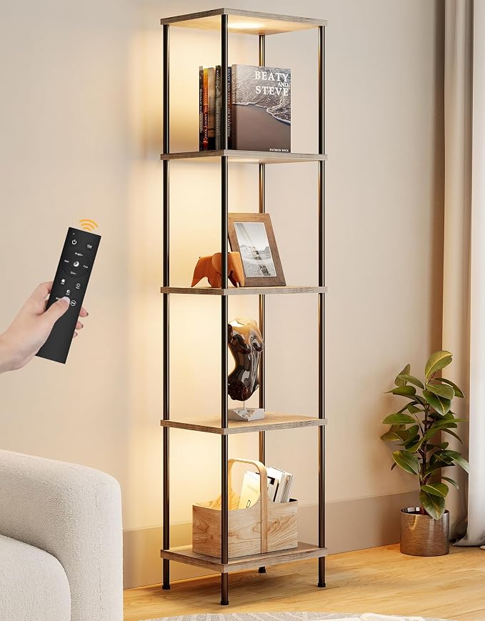 Display Shelf with RGBW Light, Color Changing Curio Cabinet Floor Lamp with Shelves Corner Standing Column Lamp Etagere Organizer Tower Nightstand Bookcase for Living Room Bedroom Office Décor, Gray