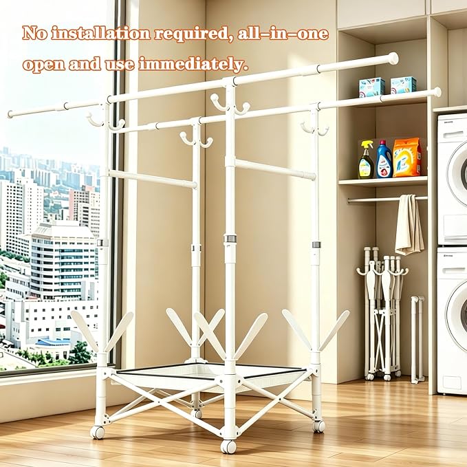 Foldable Collapsible Rolling Clothes Drying Rack,Adjustable Double Rods Laundry Airer(33.1–56.7"),Carbon Steel Pipe Standing Garment Rack for Indoor Outdoor Laundry Room (White, B)