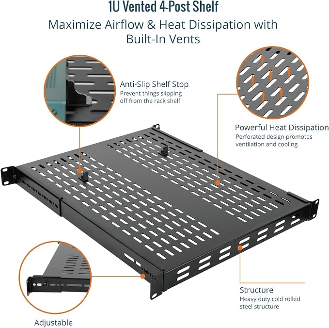 Tecmojo 1U 4-Post Vented Server Rack Mount Shelf,27.6in Deep with Adjustable Depth 19.7-37.4inch,Supports to 242 lbs,Universal Tray for 19 Inch AV/Network Equipment Rack,Black