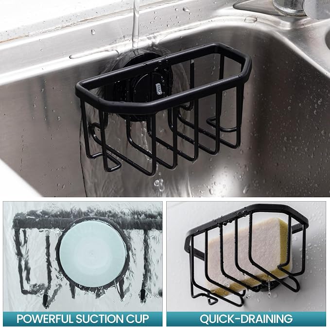 TAILI Sponge Holder for Kitchen Sink with Strong Suction Cup, Rustproof Aluminum Sink Caddy for Sponges, Brushes, Stoppers & Scrapers, Black
