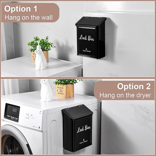 SUBEKYU Magnetic Lint Bin for Laundry Room Organization and Storage,Black | Wall Mounted Metal Lint Box Holder Trash Can with Lid for Dryer,Lint Basket for Laundry Room Decor