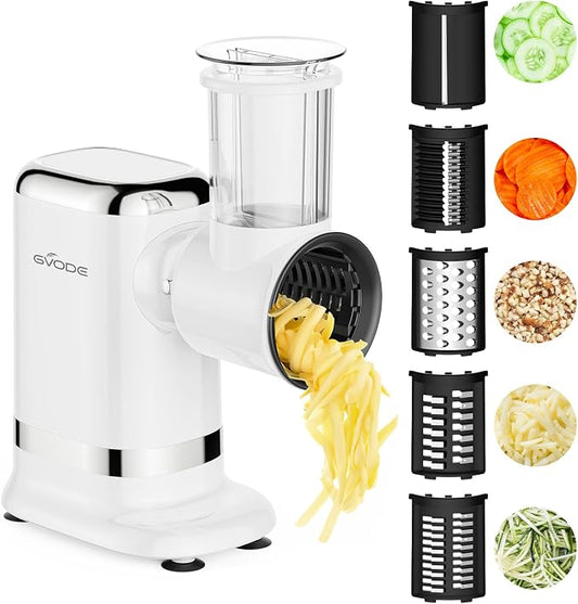 GVODE 5-in-1 Electric Cheese Grater and Vegetable Slicer, White | 700W Powerful Rotary Grater, Multiple Attachments, For the Kitchen