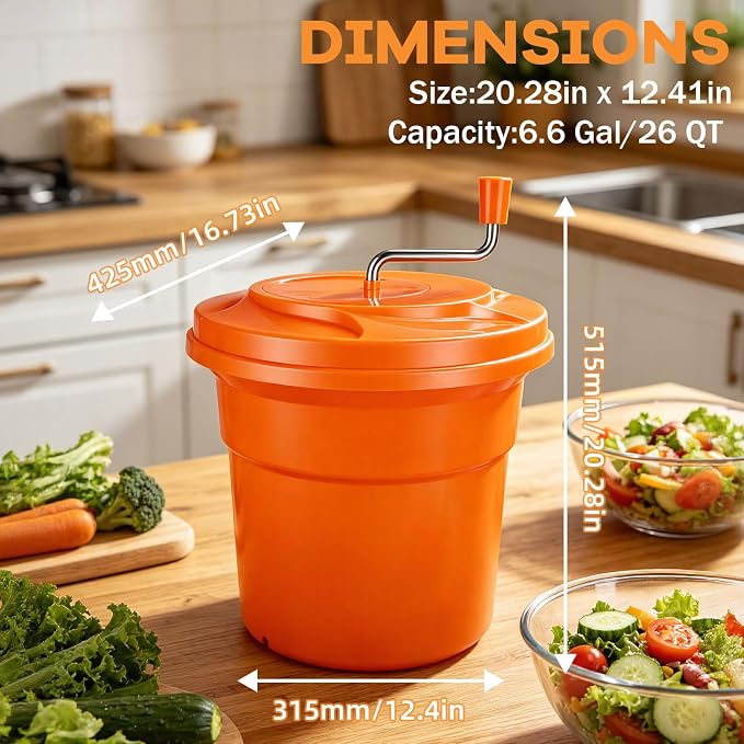 6.6 Gallon Large Commercial Salad Spinner, Salad Dryer with Draining Hose, 26 Qt Manual Lettuce Dryer for Washing, Spinning & Draining, Holds 7 Heads of Lettuce for Restaurant Kitchen Prep