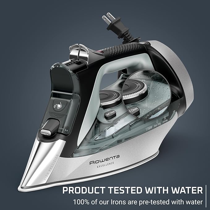 Rowenta Iron, Focus Excellence Stainless Steel Soleplate Steam Iron for Clothes, Retractable Cord, 400+ Microsteam Holes, Powerful steam, LED Display, 1750 W Ironing Clothes, Cordreel, Green DW5432