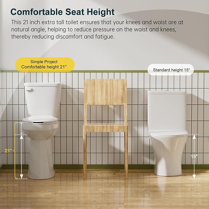 Simple Project 21" Elongated Extra Tall Toilets, Standard 12" Rough in Bathroom Toilet & Powerful Single Flush 1.28gpf High Toilet With Comfortable Soft Closing Seat, Ideal for Seniors, Handicap, Tall