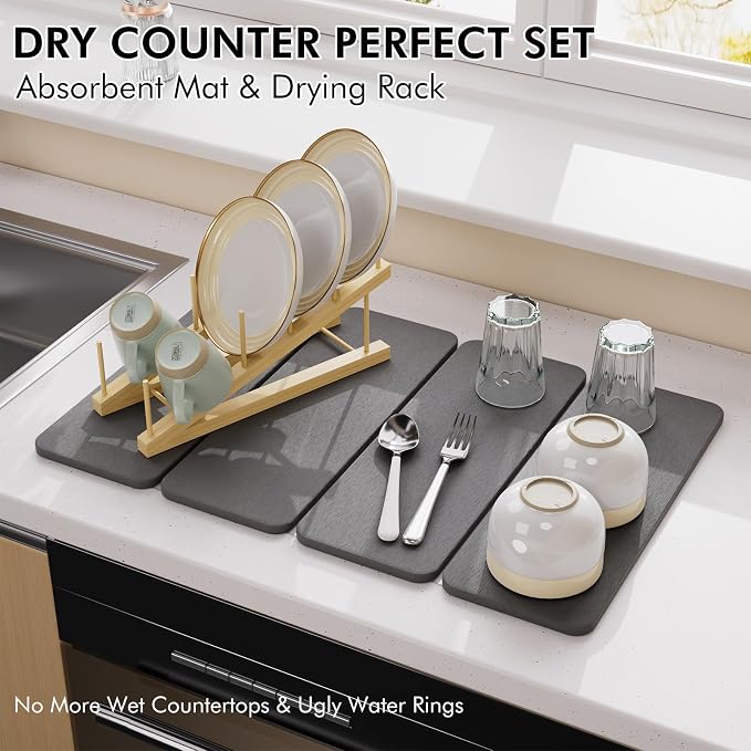 2-in-1 Diatomaceous Earth Dish Drying Mat and Bamboo Dish Rack Combo, 24x16 Inch Super Absorbent Fast Dry Stone Dish Drying Mat, Collapsible Space Saver for Kitchen Counter Bathroom Apartment