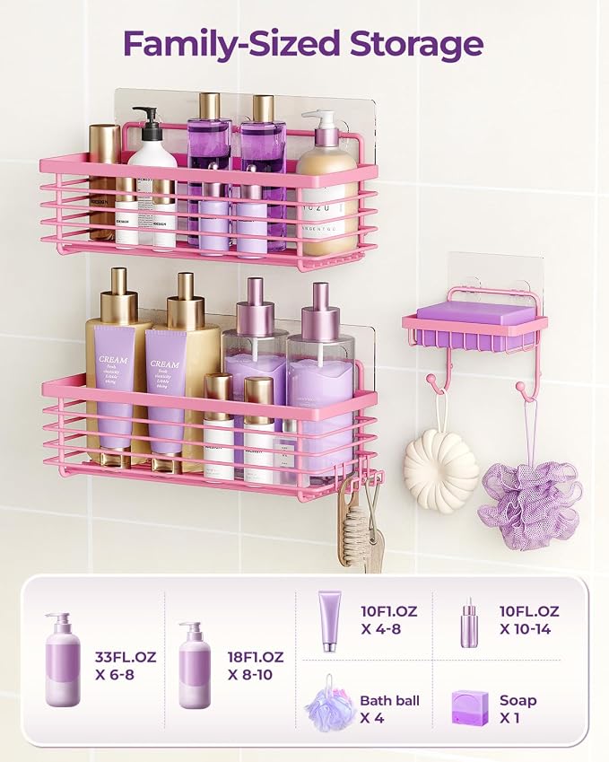 Shower Caddy Adhesive 3 Pack Stainless Steel Storage Organizers-Pink | No drilling wall mounted，rust-resistant,large capacity,quick drainage,easy to clean,suitable for bathrooms and kitchens