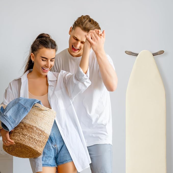 BNDX Ironing Board Cover, 18" x 49" Standard Size Thick Padding with Bongee Cord, Stain Resistant & Durable Scorch, 2 Click Buckles for Smooth Iron Beige Natural Twill(Bonus Plastic Bag Holder)
