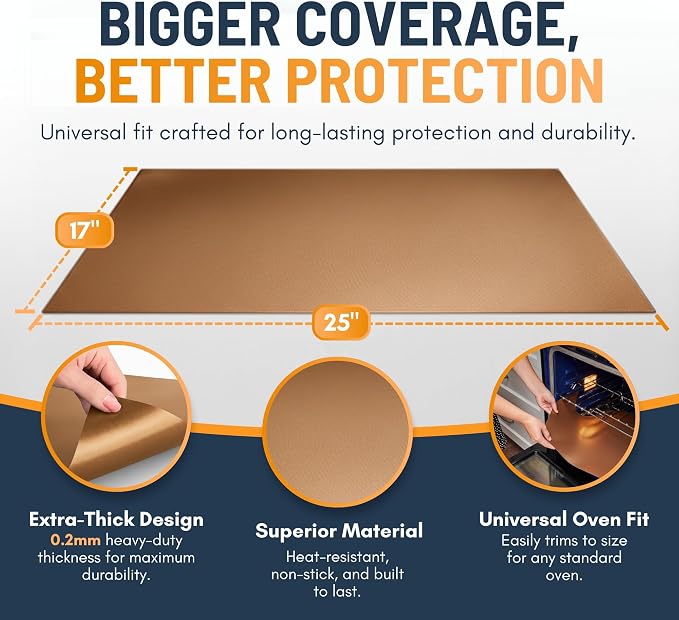 Oven Liners for Bottom of Oven - 2 Pack Large Heavy Duty Mats, 17”x25” Non-Stick Reusable Liner for Electric, Gas, Toasters, Grills - BPA & PFOA Free Kitchen Accessory to Keep It Clean (Copper)