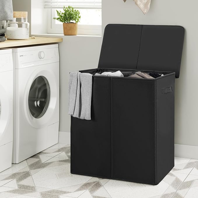 WOWLIVE 140L Double Laundry Hamper 2 Section with Lid and Removable Bags | Divided Laundry Basket, Large Dirty Clothes Hamper with Handle, Collapsible Laundry Storage for Dorm Room, College, Black