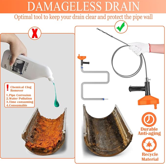 33 Feet Drain Snake Auger, Plumbing Snake Drain Hair Clog Removal Tool, Heavy Duty Toilet Snake Auger, Sink Unclogger Drain Cleaner Tool for Bathroom Kitchen Tub Shower with Gloves