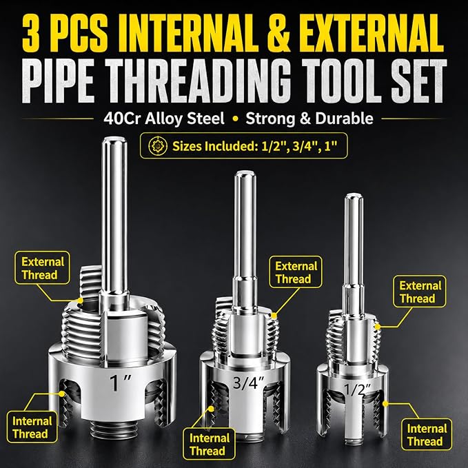 3 Pcs Internal & External Pipe Threading Tool, Function Pipe Thread Cutting Tool for 1/2" & 3/4"& 1" PVC/Plastic Pipes, Electric Drill Compatible Pipe Threader Kit for Home Repair