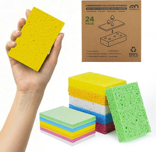 Metflavor Compressed Kitchen Sponges, 24 Count, Thick Non-Scratch Cellulose Dish Sponges, Biodegradable & Compostable, Pop-up Cleaning Sponge, 5" x 3" x 1"