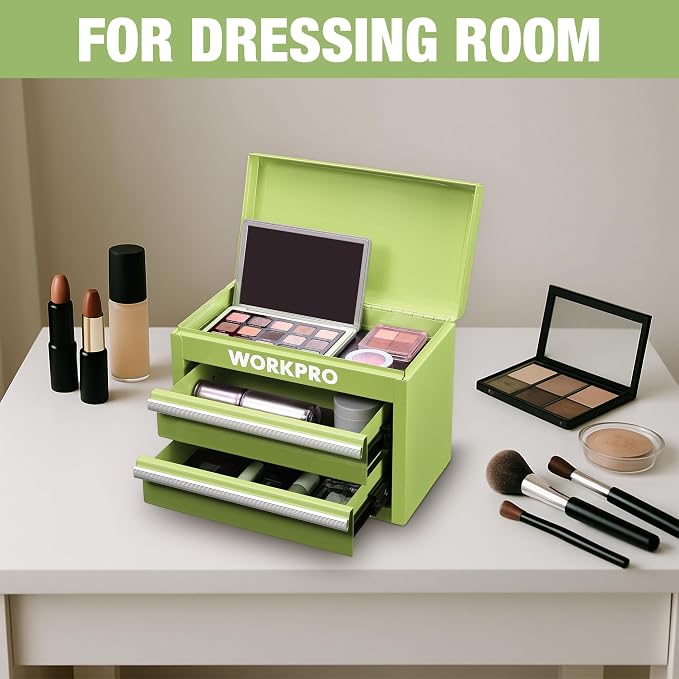 WORKPRO Metal Mini Tool Box with 2 Drawers and Top Storage | Cold Rolled Steel Toolbox, Ball Bearing Slides, PVC Drawer Liners, PP Feet Pads, Durable Storage