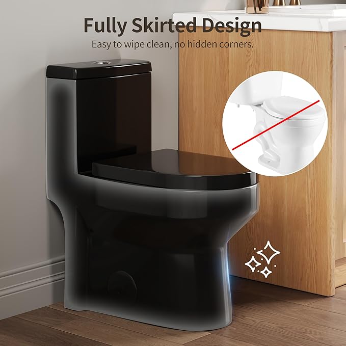 DeerValley Compact One Piece Toilet With Soft Closing Seat in High Gloss Black Finish Featuring 12 Inch Rough-In Modern Style for Contemporary Bathrooms