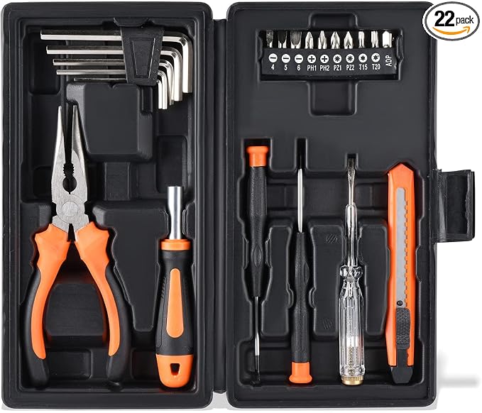 LAND 22-Piece Compact Tool Kit with Toolbox | Essential Household Tools for Home Repair, DIY Projects, Includes Pliers, Screwdrivers & Portable Storage Case