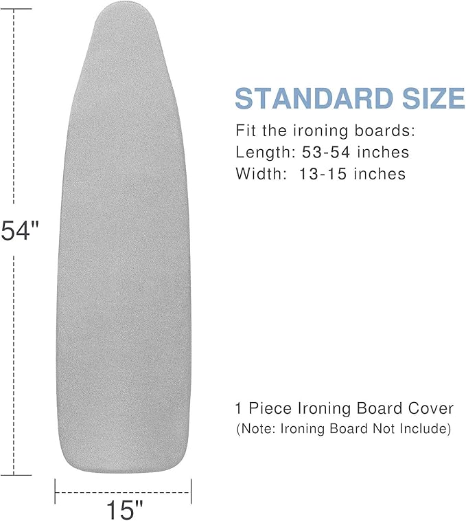 VividPaw Ironing Board Cover and Pad, Standard Size 15x54, Thick Padding, Elastic Edge, Silicone Coated, Resist Scorching, Adjustable Fastener, Heavy Duty Padded Iron Board Covers (Grey)