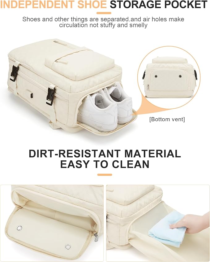 WONHOX Travel Carry On Backpack for Women, Waterproof Laptop Backpack for Traveling on Airplane Hiking Gym Backpack with USB Charging Port Shoe Compartment, Beige