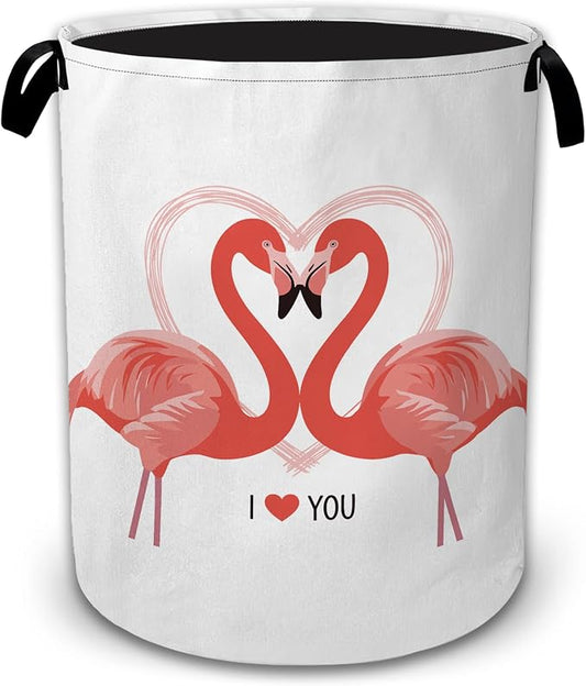 Pink Flamingo Heart Large Clothes Hamper, Portable Collapsible Laundry Basket with Handles, Freestanding Storage Bin for Bedroom Bathroom Dorm Laundry Room