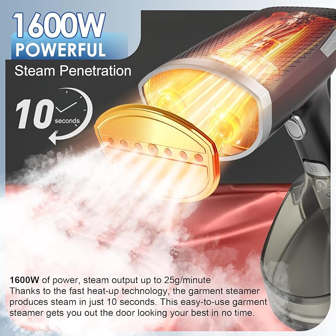 Steamer for Clothes,10s Fast Heat-up Handheld Clothes Steamer, Fast Wrinkle Remover with 300ml Tank, Garment Steamer Ideal for Most Fabrics, Easy to Use, Clothes Steamer with Brushes for Home, Travel