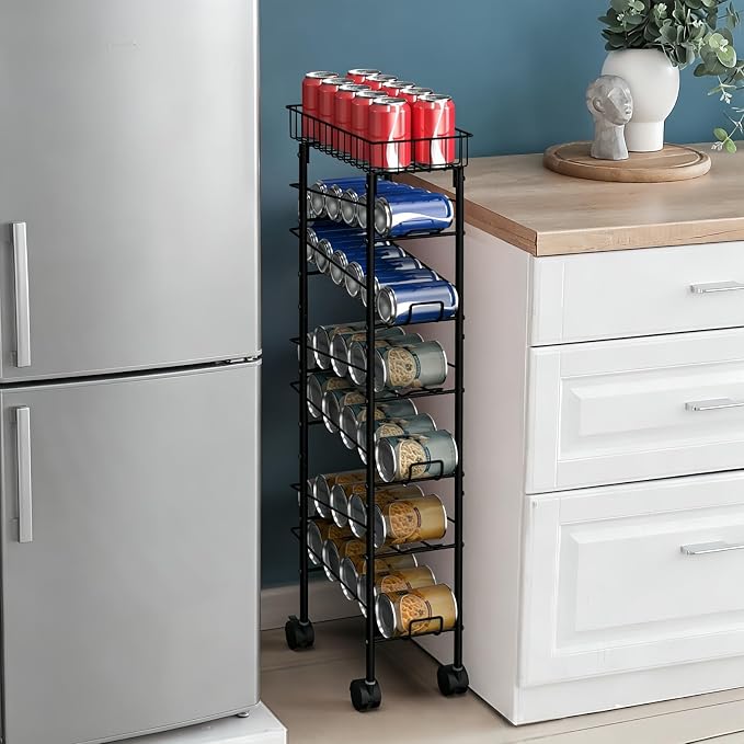 MOOACE Slim Soda Can Storage Cart with Wheels, Canned Food Organizer, Black | Rolling Cans Dispenser Rack, Top Basket, For Kitchen Pantry, Narrow Space