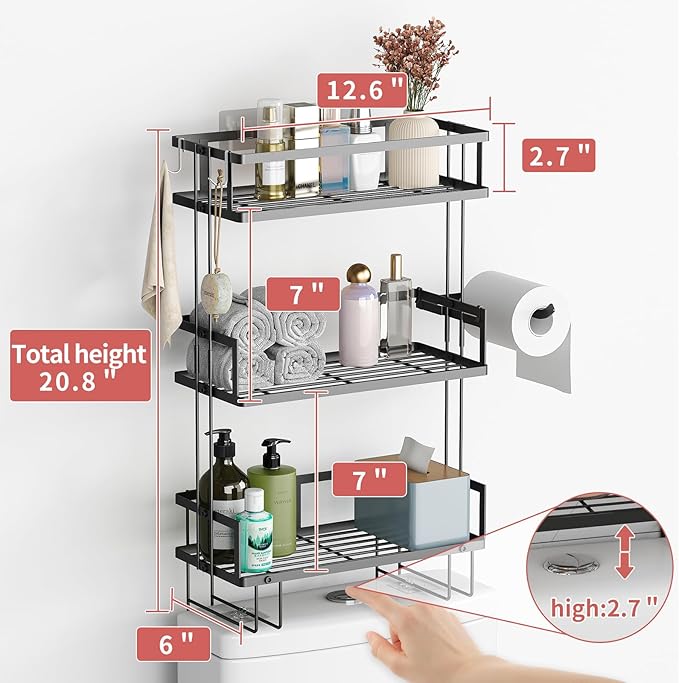 Godboat 3-Tier Over Toilet Storage Shelf, Wall-Mount with 2 Hook/Paper Rack | Bathroom Organizers and Storage Cabinet, Behind/Above/On/Top/Back Tank Shelves, Decor for Bathroom/Restroom/Kitchen/Bedroom