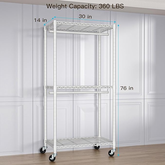 FUTASSI P1 Medium Heavy-Duty Portable Closet, 30" W x 14" D x 76" H, White | Metal Rolling Clothing Rack, Closet System with Wheels and Shelves for Hanging Clothes, Portable Wardrobe Organizer Storage