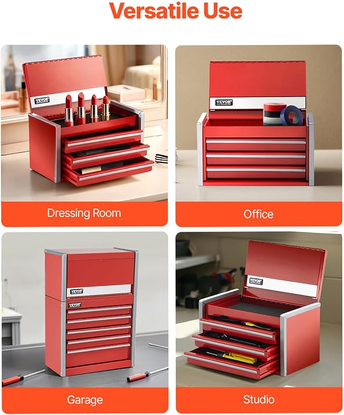 VEVOR Metal Tool Box, 8.6-inch, Portable Metal Tool Box with 3 Drawers, Small Tool Chest with EVA Liners and PP Feet Pads, Heavy-Duty Steel With Ball Bearing Opening and Powder Coated Finish, Red