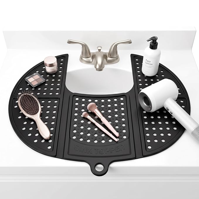 Sink Topper Bathroom Counter Cover & Storage Saver, Foldable Silicone Mat for Hot Tools, Hair Styling & Makeup, Beauty Brush Cleaning Mat, RV Camper Sink Cover & for Small Spaces (Standard Black)
