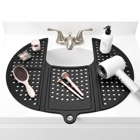 Sink Topper Bathroom Counter Cover & Storage Saver, Foldable Silicone Mat for Hot Tools, Hair Styling & Makeup, Beauty Brush Cleaning Mat, RV Camper Sink Cover & for Small Spaces (Standard Black)