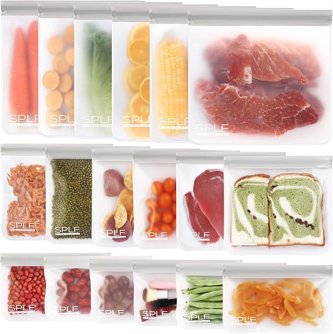 SPLF 18 Pack BPA FREE Reusable Storage Bags (6 Gallon Freezer Bags, 6 Sandwich Bags, 6 Snack Bags), Extra Thick Leakproof Silicone and Plastic Free Lunch Bag