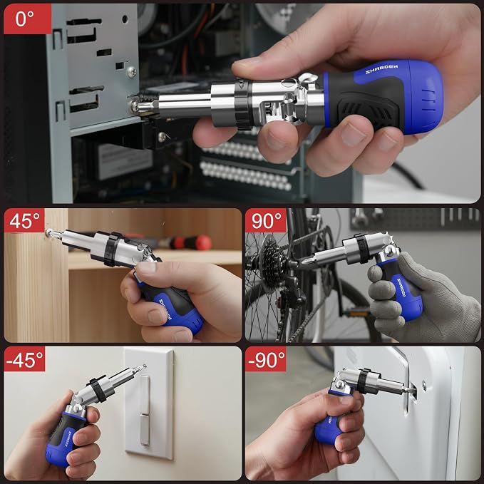 8 in 1 Stubby Ratcheting Screwdriver, Multi Bit Screwdriver Tool | All in One with 6 CRV Bits Phillips, Slotted, Torx,180 Degree Pivoting Adjustable Angle Screw Driver Set for Tight Spaces
