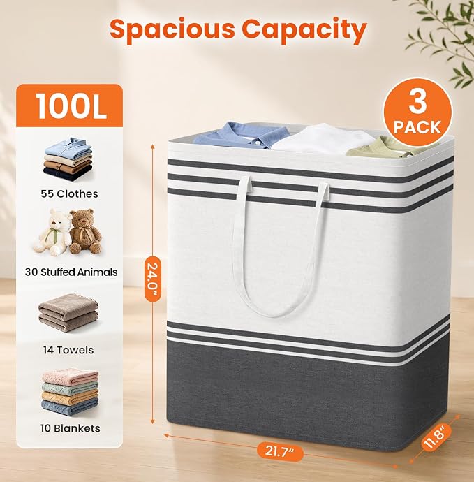 TranquilRelax 3-Pack Laundry Basket, Laundry Hamper, Grey-100L | Freestanding＆Water-Resistant Laundry Hamper, Collapsible Tall Clothes Hamper with Carry Handles for Clothes, Laundry Basket