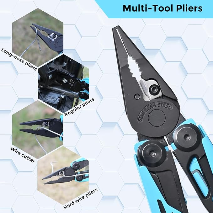 Multitool with Pocket Knife, 25-in-1 Stainless Steel Pliers and Screwdriver, Self-locking Multi-tool EDC Gear with Sheath, Suitable for Camping and Hiking (Powderblue)