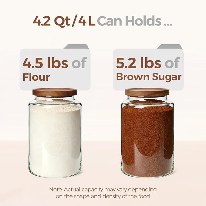 ComSaf 2Pcs (4.2Qt/1Gal) Wide-Mouth Flour Sugar Storage Containers - Include Scoops & Labels, Easy to Scoop & Airtight, Large Glass Jar for Bakers to Store Flour, Rice, and Dry Goods in Kitchen Pantry