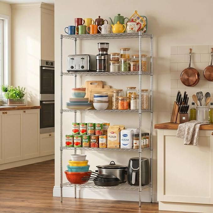 FDW 14" D×36" W×72" H Wire Shelving Unit Metal Shelf with 5 Tier Adjustable Layer Rack Commercial Strong Steel for Restaurant Garage Pantry Kitchen，Chrome