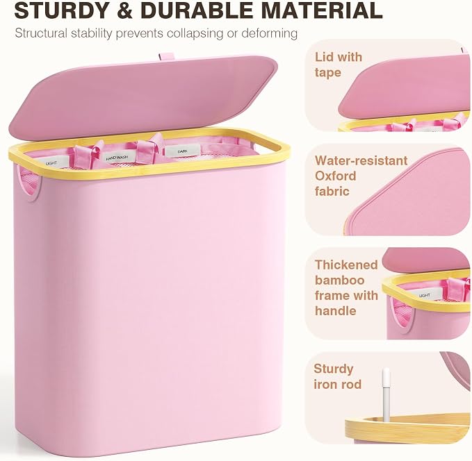 Hampers for Laundry Basket with Lid, 145L Large Laundry Hamper 3 Section | Dirty Clothes Hamper Separator with 3 Removable Bags & 5 Labels, Divided Laundry Organizer for Bedroom, Laundry Room, Pink