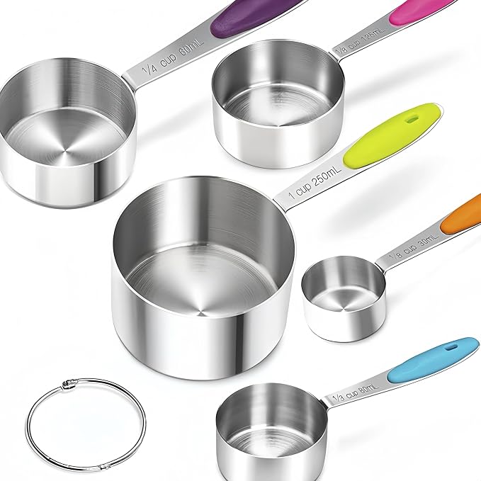 RUNZI 10 Pcs Measuring Cups and Spoons Set,Stackable Metal Measure Cup for Measuring Dry and Liquid Ingredients，Used Kitchen Dry Food, Cooking Baking Measurements,Silvery