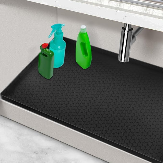 Undersink Waterproof Mat 31" x 19", Silicone Under Kitchen Sink Mat with Raised Edges, Under The Sink Organizer for Kitchen and Bathroom Leak Protection Black