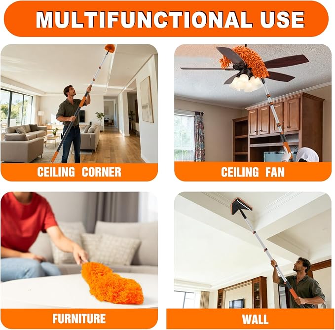 SISUPASSIE 12FT Duster Cleaner Kit, Dusters for Cleaning with Extension Pole, Baseboard & Wall and Window Cleaner Mop for Fan Blades, High Ceiling and Cobweb
