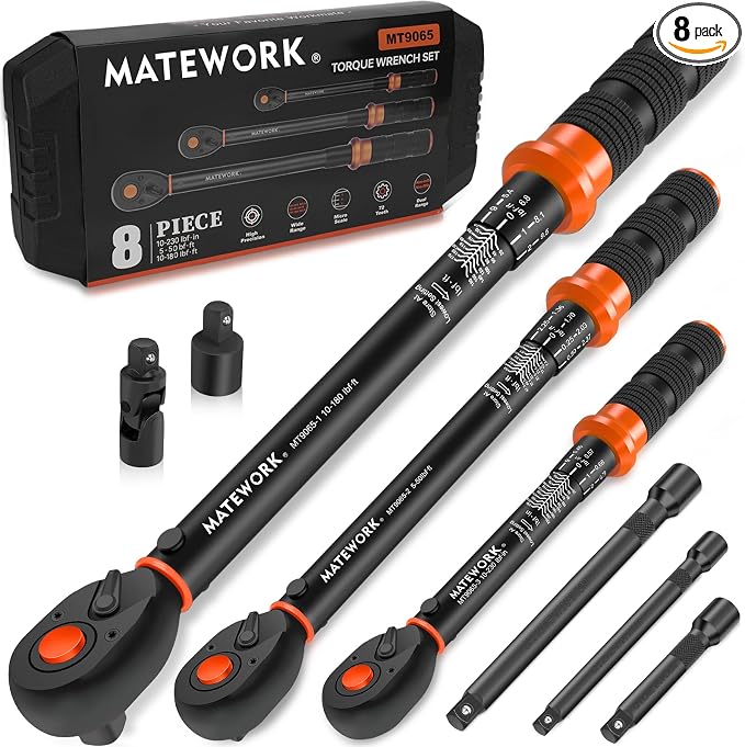 Upgraded Torque Wrench Set 8PCS, 1/4 3/8 1/2 inch Drive Click Torque Wrench, 10-230in.lb, 5-50ft.lb, 10-180ft.lb, 72-Tooth Dual Scale, ±3% Accuracy, 5 Adapters, for Bike, Moto, Car Repair and Maint