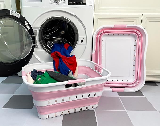 SAMMART 42 (11 Gallons) Collapsible Plastic Laundry Basket, Foldable Pop Up Storage Container/Organizer, Space Saving Hamper, Portable Bin for Dorm Room Bathroom (2, White/Cherry Pink)