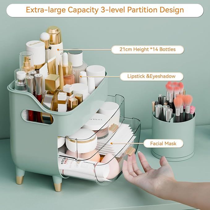 Yieach Countertop Makeup Organizers with Drawers and Handle,Large Cosmetic Organizer for Bathroom Vanity and Dressing,Green Cosmetic Display Cases for Hair Tool,Beauty Products,Skin Care Organizer