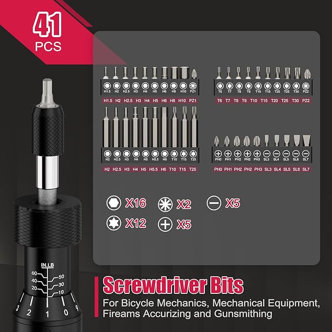 Torque Screwdriver Set 10-60 in-lb, Adjustable Torque Driver Kit | Inch Pound Torque Wrench with S2 Steel Bits & Case – Prevents Over-Tightening for Bike Repair, Scope Mounting & Optics, Red
