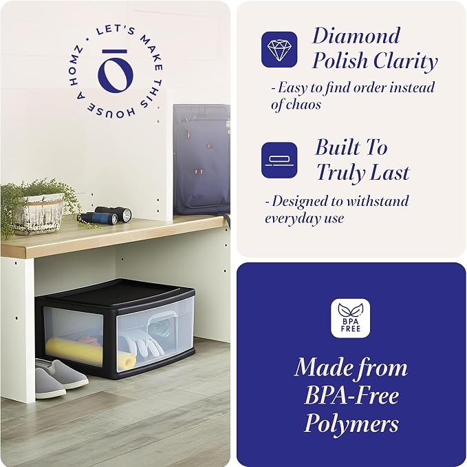 HOMZ 2-Pack 1-Drawer Storage Cart, Clear Plastic Container, 15" Wide Body, Black Frame - Organizing Drawer Containers for Home, Bathroom, Bedroom, Office, and Classroom