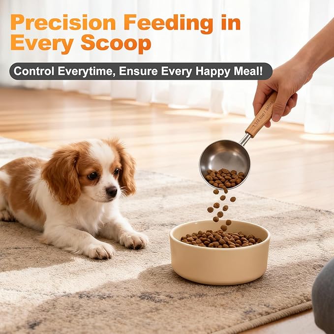1PCS 1-1/2Cup(360ml | 12oz) Dog Cat Food Scoop, 18/8(304) Stainless Steel Measuring Cup with Wooden Handle, Etched Measurements Inside, BPA Free Portion Control for Pets & Kitchen Use