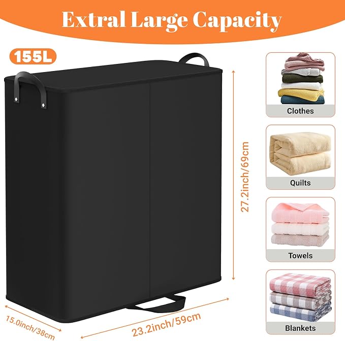 155L 2 Section Laundry Hamper with Lid, Laundry Basket, Black | Large Laundry Hampers with Reinforced Handles & Removable Bags, Tall Dirty Clothes Hamper for Laundry Room, Bedroom, Bathroom