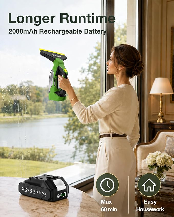 TaskStar Window Vacuum Squeegee Cordless: Electric Window Cleaner Tool with 2000Pa Suction, 2000mAh Detachable Battery, 150ml Water Tank, 11in & 6.7in Blades for Glass, Shower Doors, Mirrors, Tiles