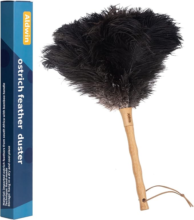 Aldwin Ostrich Feather Dusters for Cleaning, 16 inch Black | Genuine Ostrich Feathers with Wood Handle, Reusable Car Dusters, Eco-Friendly Handheld Dusters for Home, Office and Kitchen