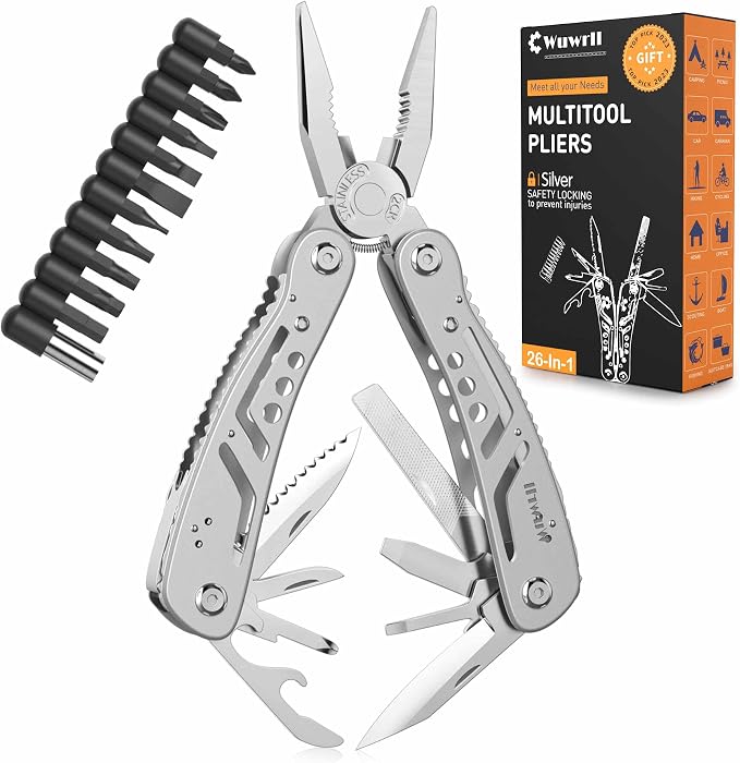 26-in-1 Multitool，Professional Stainless Steel Multi Tools ，Multitool Pliers Pliers Pocket Knife with Heavy Duty Screwdriver Sleeve, Replaceable Bits Multitools for Outdoor, (silvery)